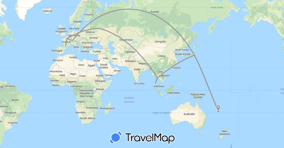 TravelMap itinerary: driving, plane in Switzerland, France, Japan, New Caledonia, Russia, Thailand (Asia, Europe, Oceania)